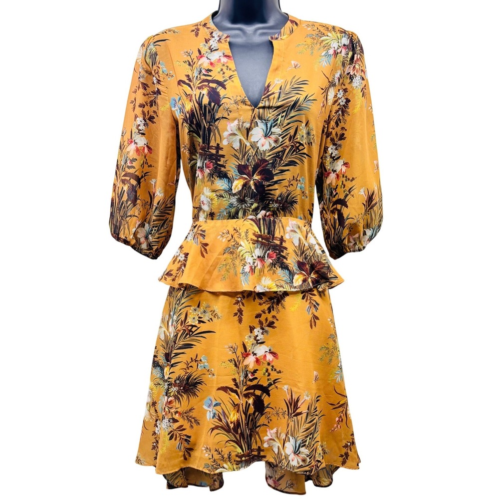 dRA Los Angeles Mustard Yellow Tropical Floral Peplum Mini Dress Small DL0611A